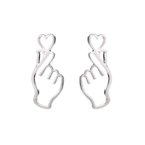 Minimalist silver finger heart gesture earrings with hollow heart design for women