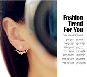 Détail de la boucle d'oreille éventail avec perles blanches dégradées dorées sur modèle