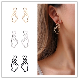 Finger Heart Gesture Stud Earrings Alloy Hollow Heart Minimalist Korean Style Jewelry For Women Girls Gold Silver Black