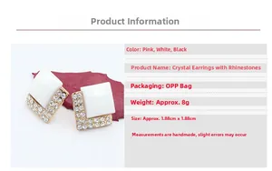 Detailed size chart for square crystal earrings with white enamel and gold plating