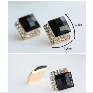 Black crystal square stud earrings with gold rim and tiny diamonds 1.8cm x 1.6cm size