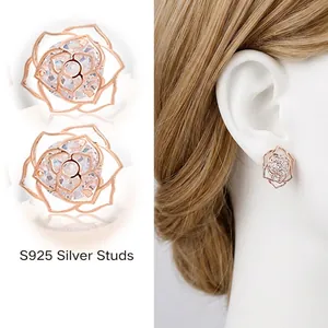 Boucles d'Oreilles Clous Fleur Rose Creuse Élégante Avec Tige en Argent Sterling 925 Strass Or Rose Bijoux pour Femme