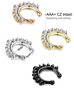 Detail showing 8mm U-shaped faux nose rings in silver and gold with AAA+ CZ inlay