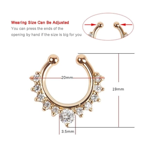 Detail view of 20mm gold U-shape fake nose ring with white zircon stones and dimensions