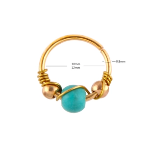 Gold turquoise wire-wrapped nose ring with metal beads in 10mm 12mm diameter sizes