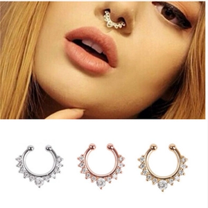 Faux septum rings set with sparkling rhinestones in gold, silver, and rose gold finishes