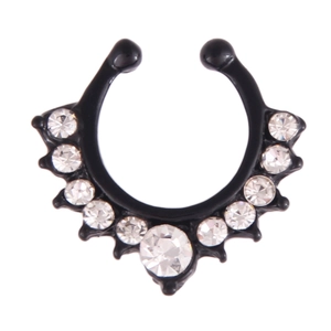 Black U-shaped septum ring with radiating clear rhinestones on a white background