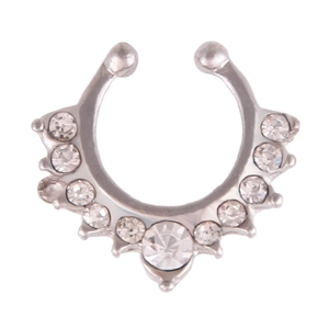 Silver horseshoe septum ring with radiating clear zircons and protective round ball ends