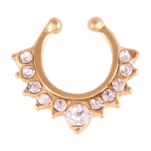 Golden fan-shaped faux septum ring with white rhinestones and a polished finish