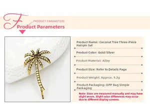 Detail of a palm tree hair clip showing golden alloy texture and metallic finish