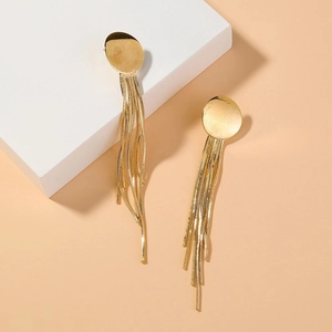 Elegant gold tassel earrings featuring round studs and long dangling metal snake chains