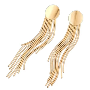 Elegant gold metal round stud earrings with minimalist long tassel chain design for women