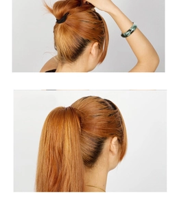 Detail showing the elastic black hair tie used for a stylish high ponytail hairstyle