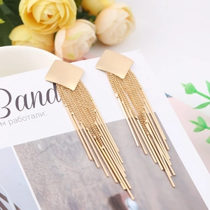 Elegant gold long fringe tassel drop earrings with sleek metal bars for a trendy look