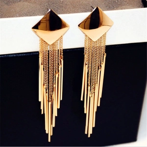 Fashion Long Tassel Drop Earrings For Women Geometric Rhombus Stud Electroplated Metal Chain Dangle Earrings Gold Silver Jewelry