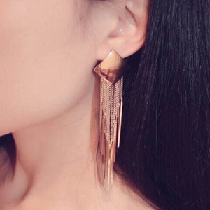 Fashionable rose gold long tassel drop earrings with polished diamond-shaped geometric studs