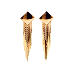 Fashion long gold tassel earrings with pyramid studs and geometric metal chain fringe
