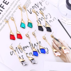 Elegant water drop earrings with colorful geometric pendants and gold chains