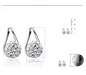 Detail view of teardrop crystal ball earrings showing 12mm height and 6mm width dimensions