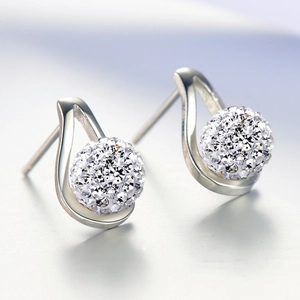 White Copper Shamballa Full Rhinestone Ball Stud Earrings For Women Elegant Silver Plated Teardrop Frame Fashion Ear Jewelry