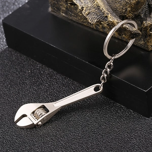 Close-up of industrial silver metal wrench keychain with realistic moving parts