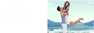 Couples' matching blue striped summer T-shirts and white bottoms on a bright beach