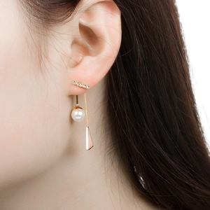 Elegant gold drop earrings with sparkling diamonds, white pearl, and pink triangle charm