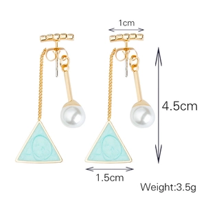 Detail view of geometric drop earrings showing 4.5cm length and mint triangle charm