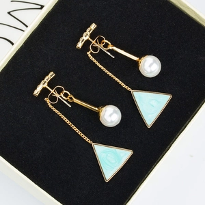 Geometric Triangle Enamel Drop Earrings With Imitation Artificial Pearl And Rhinestones Alloy Gold Tone For Women Fashion