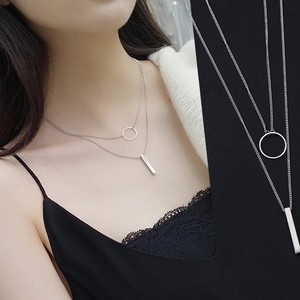 Double Layer Alloy Geometric Necklace With Round Ring And Vertical Bar Pendant For Women Minimalist Style Neck Jewelry