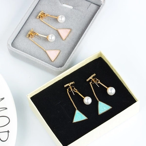 Fashionable geometric triangle drop earrings with pearls and shiny rhinestones for women