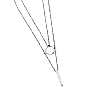 Minimalist double layer silver necklace featuring a geometric circle and vertical bar pendant