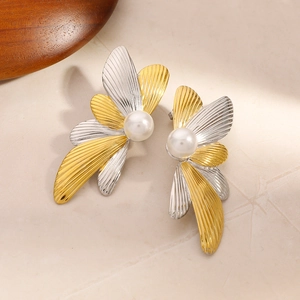 Two-tone stainless steel flower earrings with pearl center and textured petals