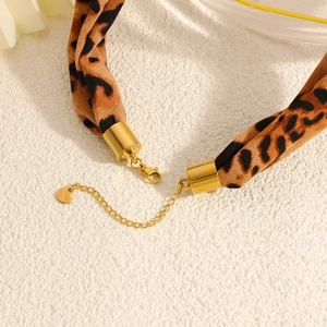 Leopard print silk scarf necklace with stainless steel heart pendant and gold lobster clasp