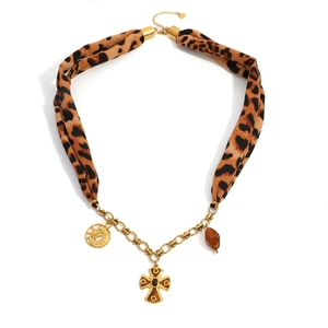 18k gold plated necklace with leopard silk scarf, crescent moon and cross pendant charms