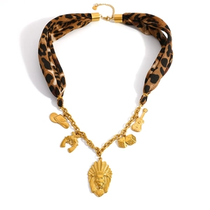 Bohemian gold-plated stainless steel necklace with leopard print scarf and western charms