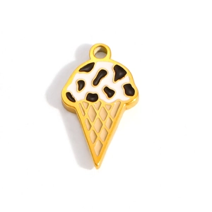 Detail of 18K gold plated ice cream cone pendant with white and black enamel drips