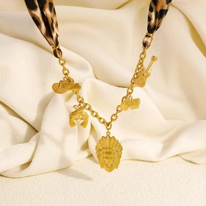 18K gold plated chain necklace with western cowboy charms and leopard print silk ribbon