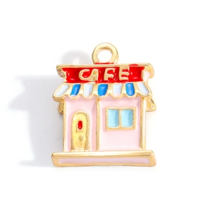Pink enamel cafe shop alloy charm pendant for DIY necklace with blue striped awning