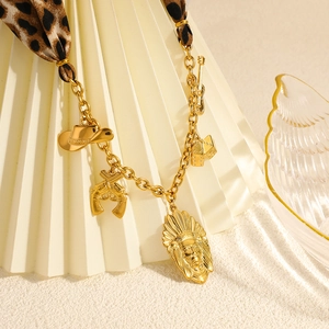 Vintage 18K gold plated chain necklace with leopard scarf and western style pendants