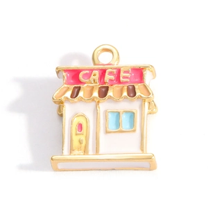 Detailed close-up of a cute cafe-shaped alloy charm with colorful oil drip enamel finish