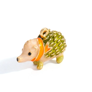 Hedgehog charm pendant with green enamel and 18K gold plating for DIY jewelry
