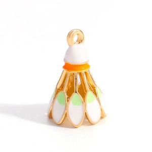 Detail view of a creative shuttlecock charm with white and green enamel in gold plating