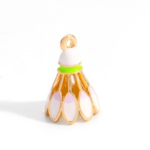 Macro shot of 18K gold plated badminton pendant with purple and green enamel details