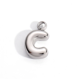 Polished stainless steel letter C pendant with silver metallic finish on white background