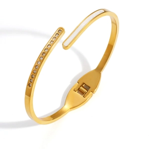 Bracelet jonc en acier inoxydable plaqué or 18K avec zircons et insert blanc