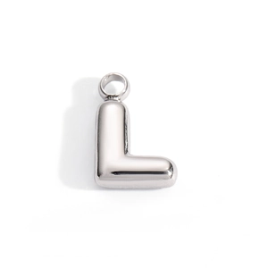 Detailed close-up of a polished 3D silver letter L pendant with a top hanging loop