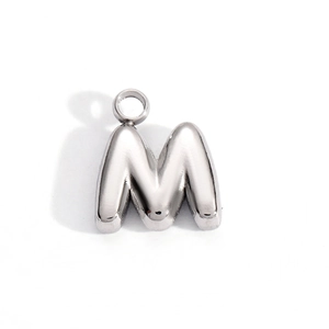 Polished silver stainless steel letter M puffy balloon pendant for DIY necklace charms