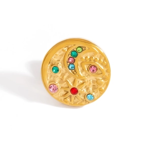 18k gold plated stainless steel moon and evil eye brooch with colorful crystals