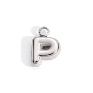 Detailed view of a silver polished stainless steel puffy letter P charm pendant for DIY jewelry